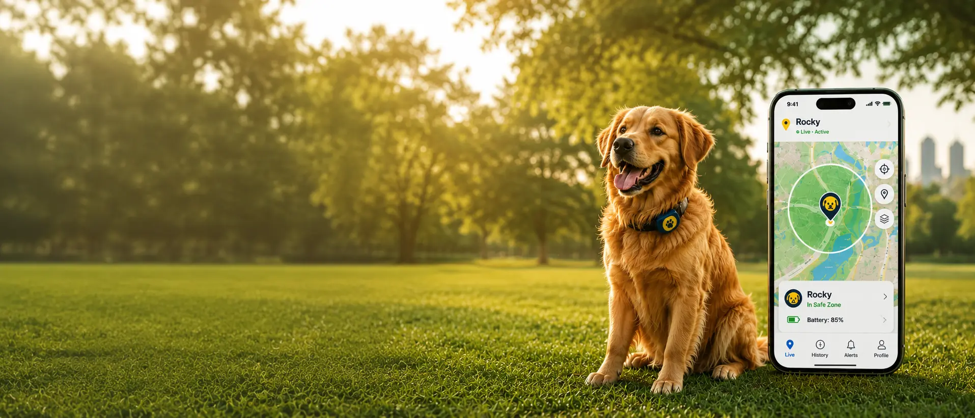 Golden Retriever wearing a FiruApp GPS collar beside the live tracking app